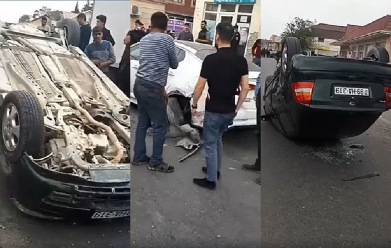 В Баку в результате ДТП перевернулся автомобиль - ВИДЕО