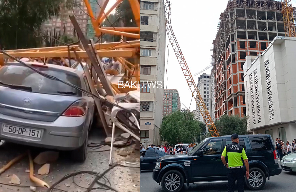 В Баку подъемный кран упал на жилое здание и машины, есть погибший - ОБНОВЛЕНО+ВИДЕО