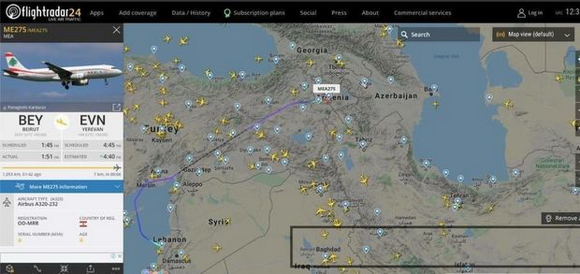 Flightradar24 показал летящий из Ливана в Армению борт с наемниками-террористами