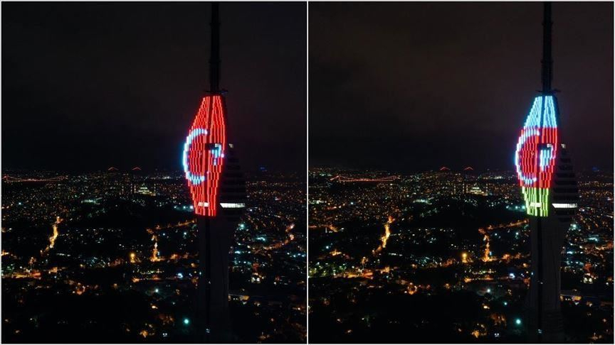 Самая высокая телевышка Европы окрасилась в цвета флага Азербайджана - ФОТО