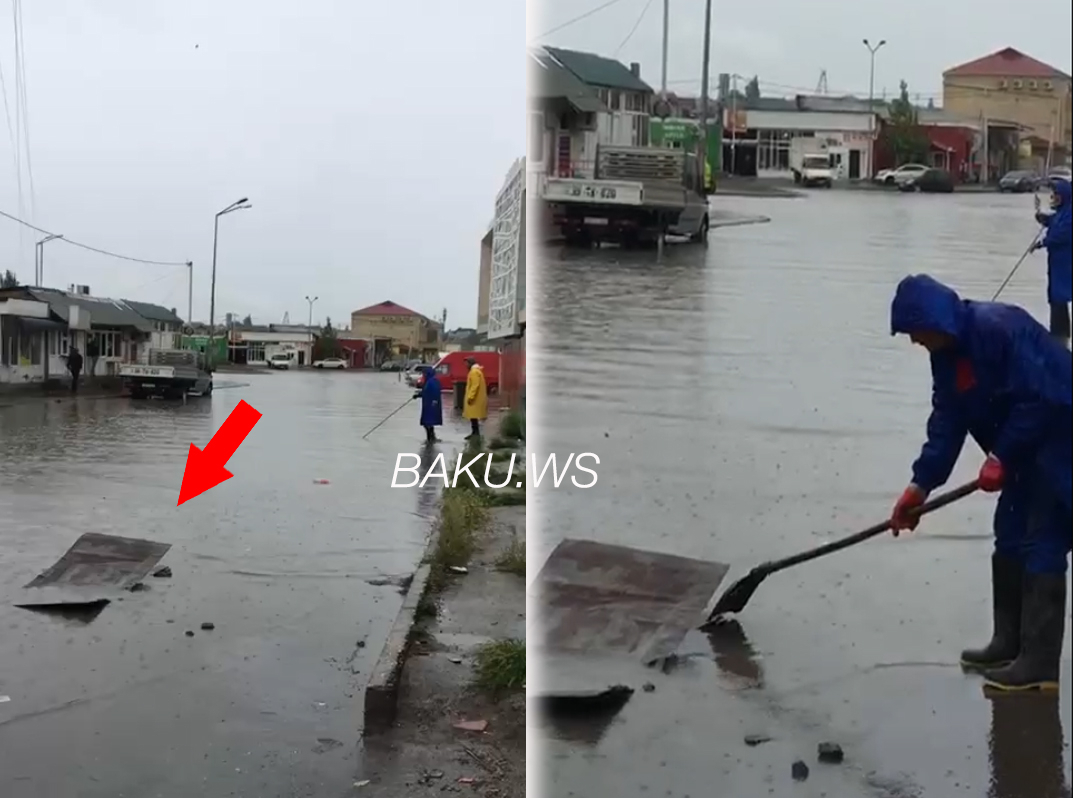 Как сотрудники "Азерсу" под дождевым потоком искали канализационный люк - ВИДЕО