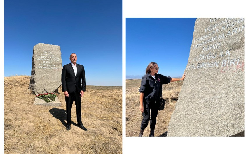 Ильхам Алиев и Мехрибан Алиева возложили цветы к мемориальному обелиску в селе Гараханбейли - ВИДЕО