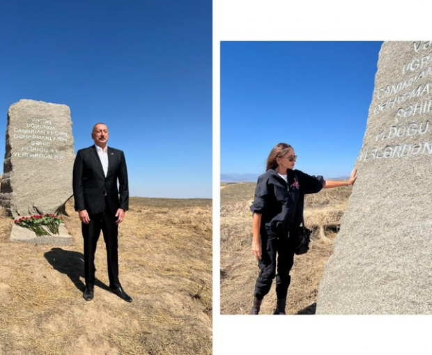 Ильхам Алиев и Мехрибан Алиева возложили цветы к мемориальному обелиску в селе Гараханбейли