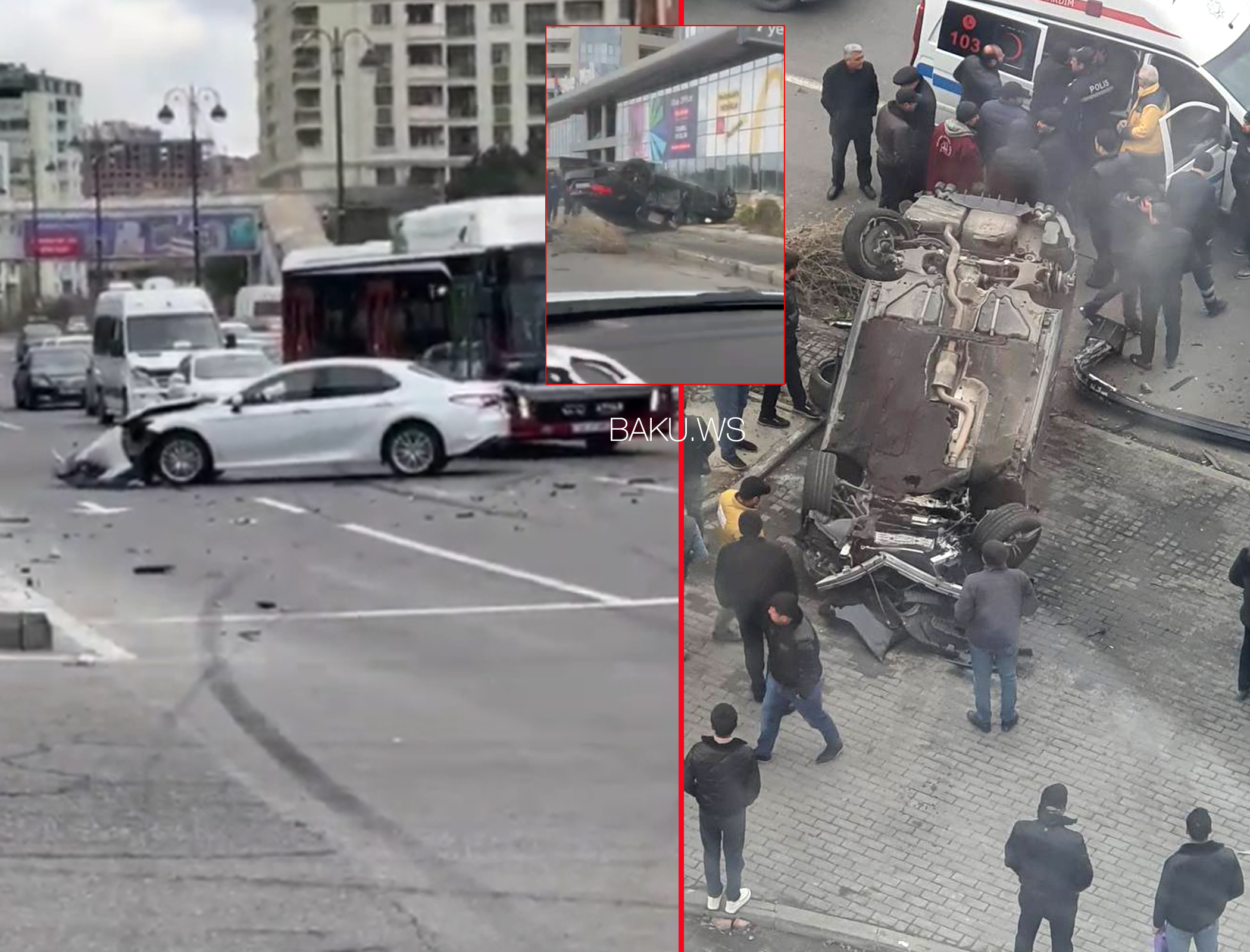 Жуткая авария в Баку: BMW перевернулся после столкновения с Toyota Camry - ВИДЕО