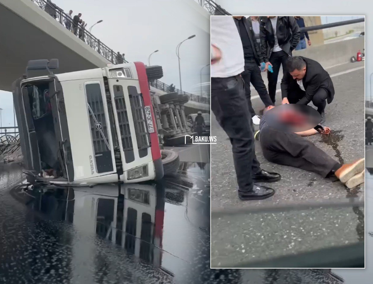 Авария в Баку: битум из перевернувшегося грузовика залил дорогу - ОБНОВЛЕНО + ФОТО/ВИДЕО