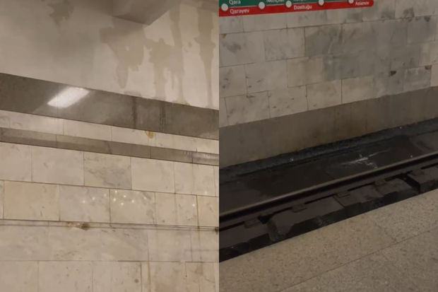 С потолка тоннеля на станции метро "Ази Асланов" просачивается вода - ВИДЕО