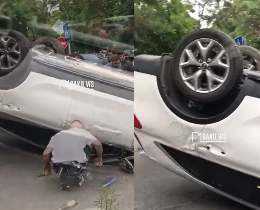 Авария в центре Баку: перевернулся автомобиль - ВИДЕО