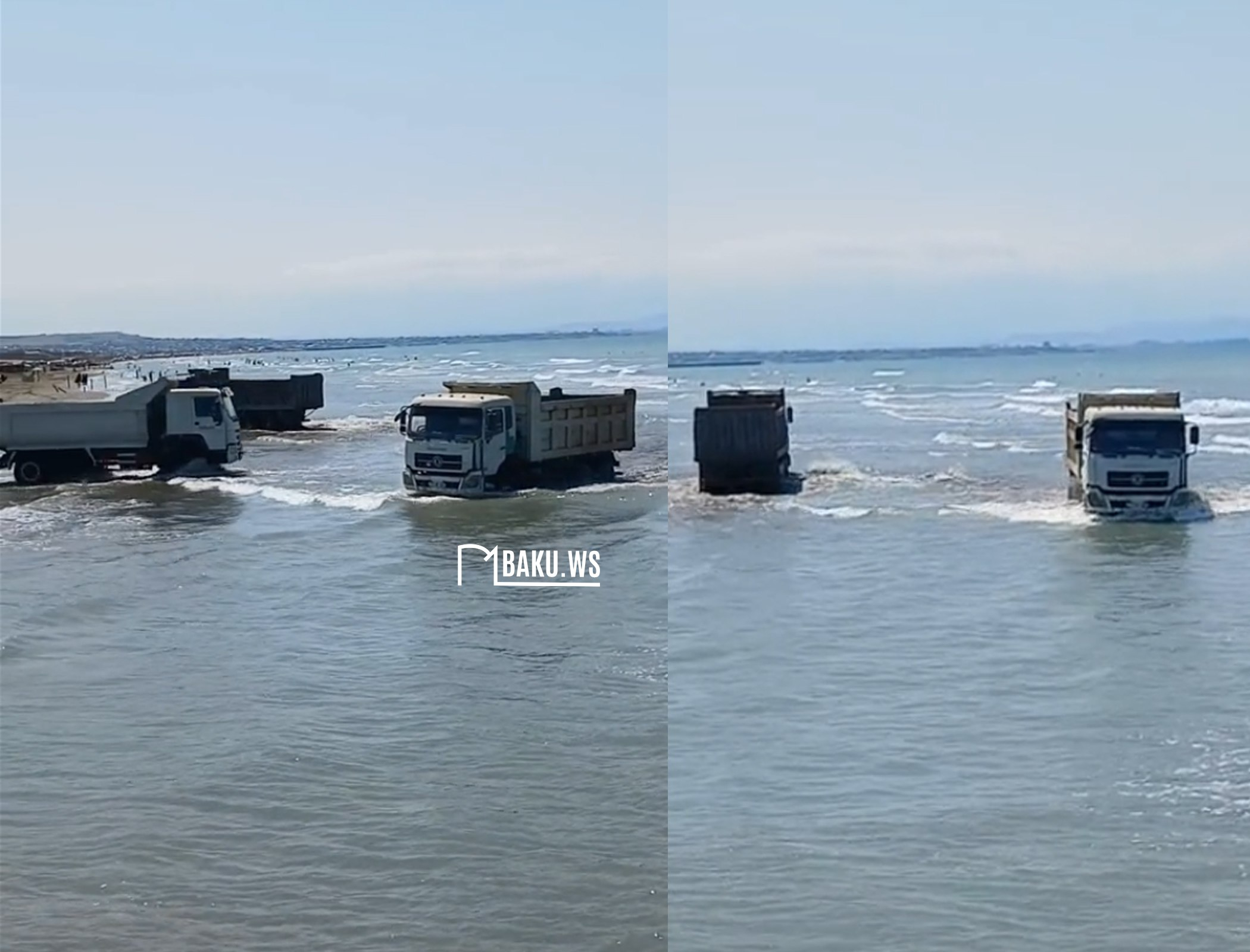 В Баку несколько грузовиков въехали в море и прокатились по пляжу - ВИДЕО